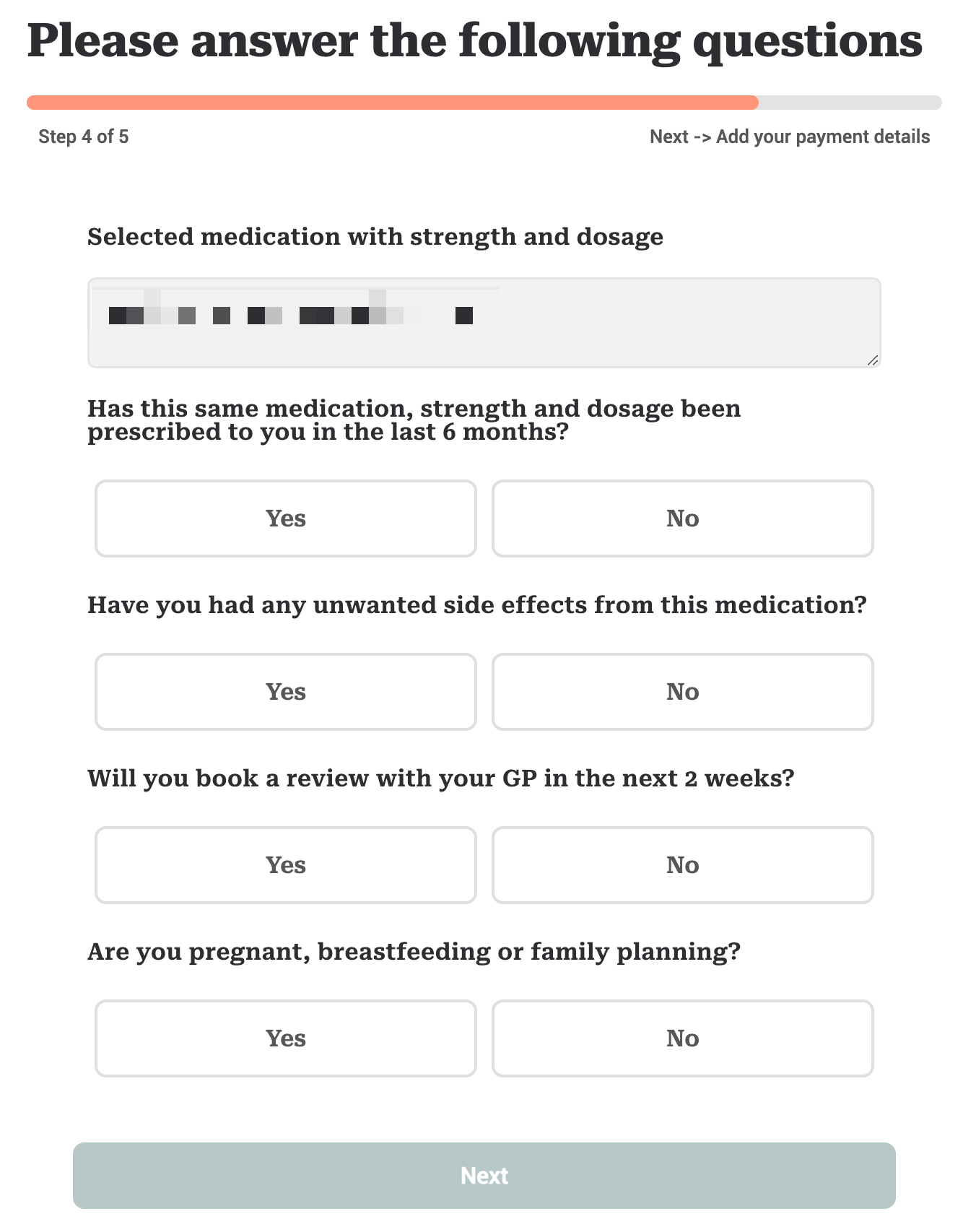 Questions asked during an online script renewal, intended to ensure early screening of non-renewals, and directing the customer back to their GP for ongoing care. Without correct answers selected, a patient can't proceed.